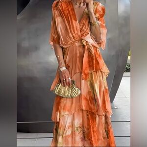 Elegant Orange Tie-Dye Dress